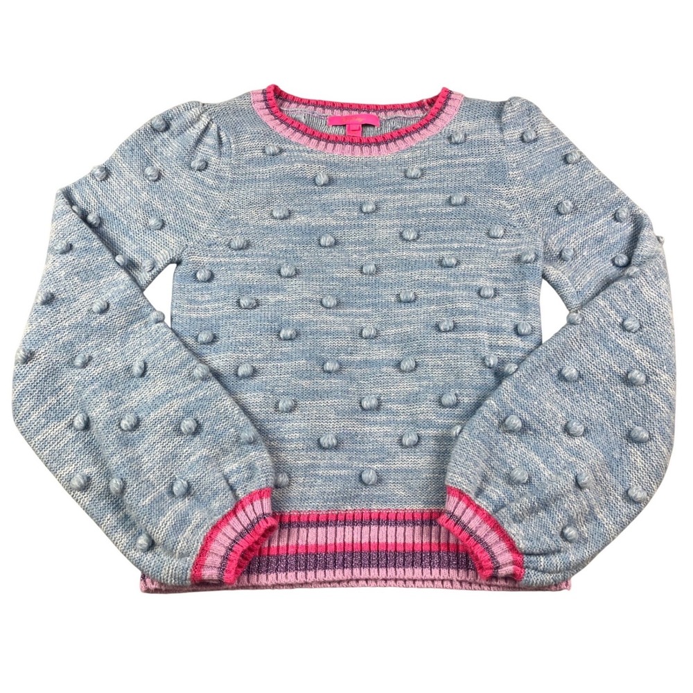 Lilly Pulitzer Blue Pom Pom Bobble Knit Sweater Pink Metallic Trim Womens Small
